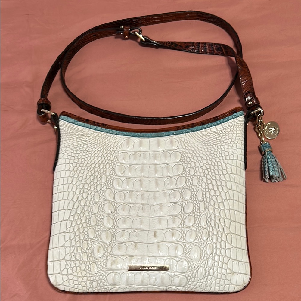 Brahmin White and Blue Crossbody Bag with Crocodile Texture and Adjustable Strap